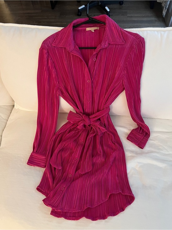 Dresses & Skirts - Pleated Hot Pink Button-Front Tie-Waist Dress